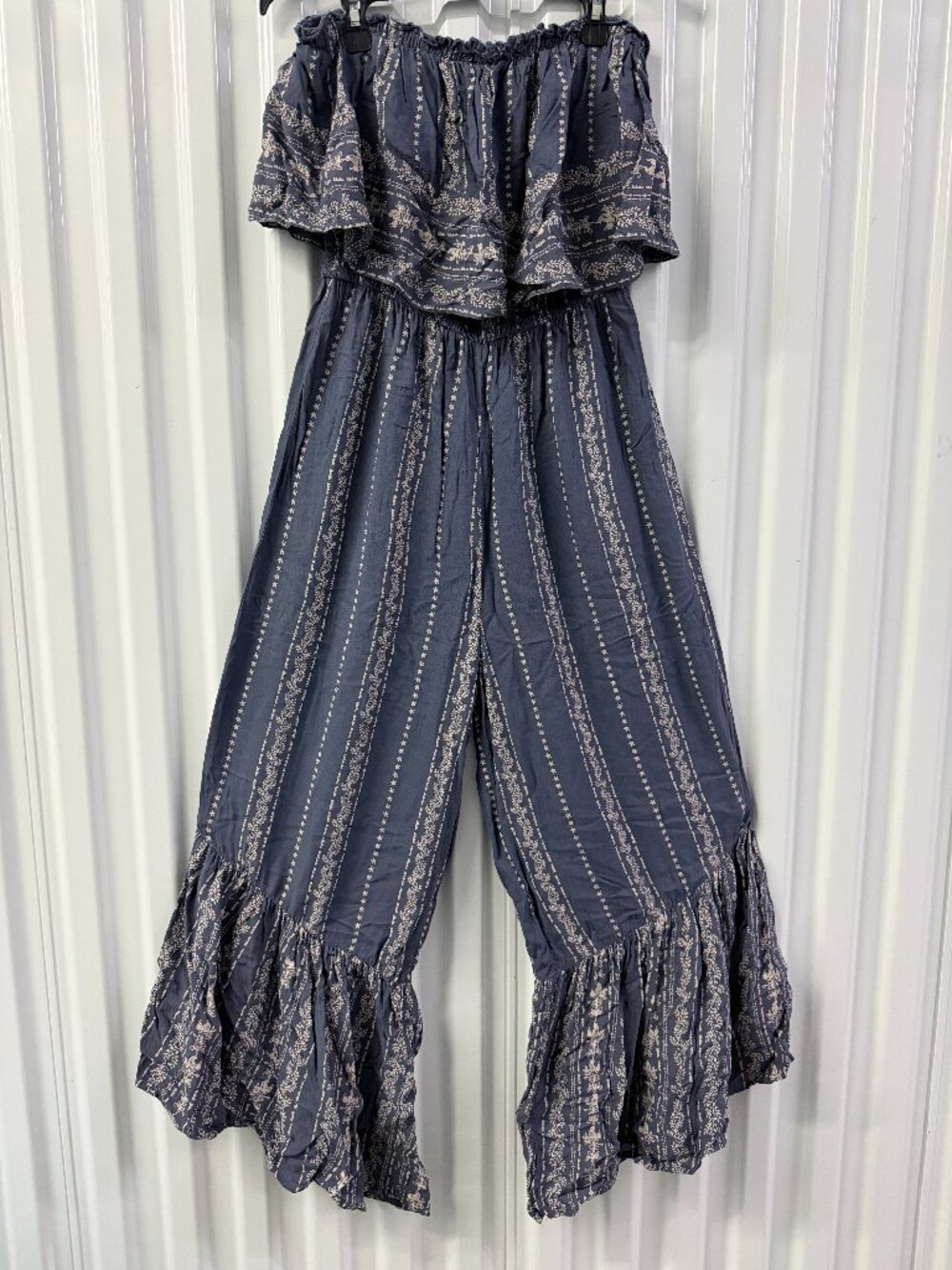 Japna Boho Strapless Wide Leg Jumpsuit Blue Floral Smocked Rayon Sz M